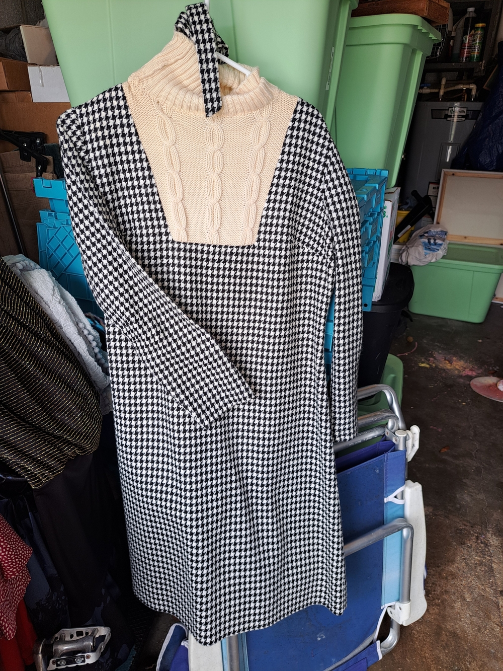 Vintage Black & Cream Houndstooth Knit Dress with Cable Yoke